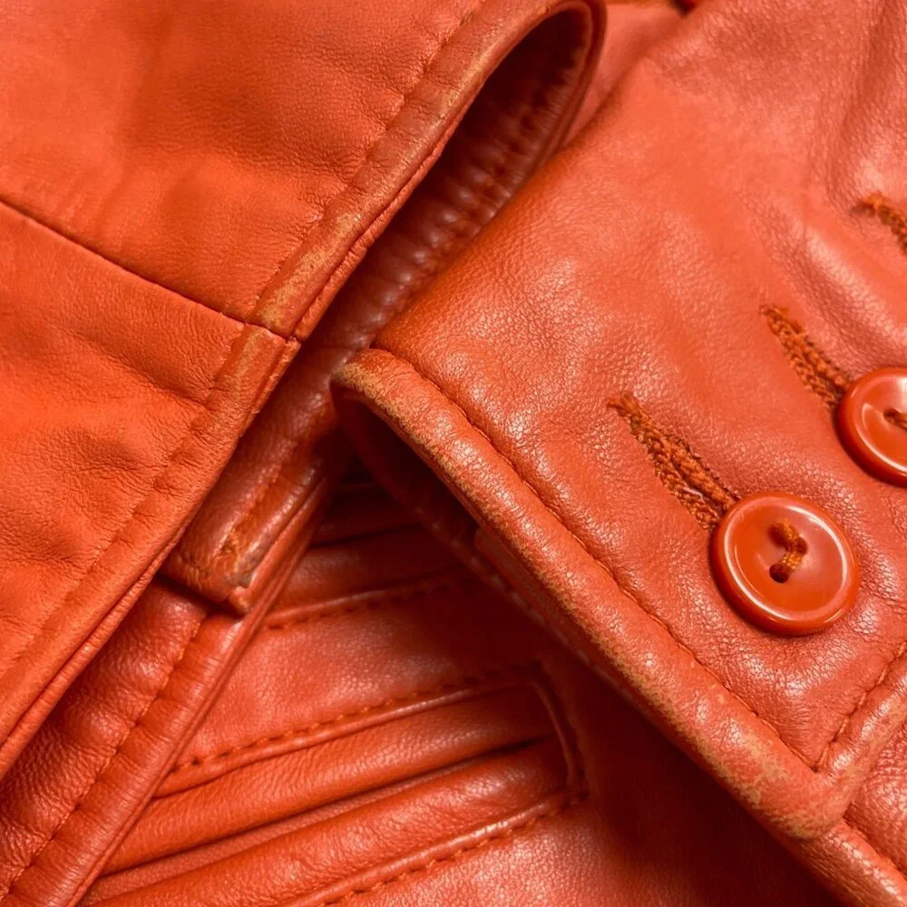 Cache Women's Orange Faux Leather Button-Front Jacket Stylish Fit - Picture 7 of 11